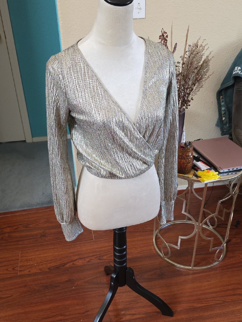 Metallic Shimmer Wrap Long-Sleeve Top - Gold
